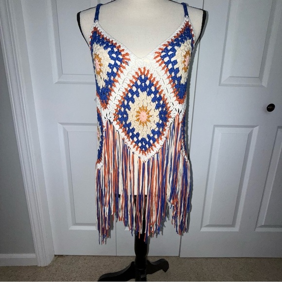 Rebellion Bohemian Hippie Crochet Fringe Dress - Blue, Orange, Cream Large - Picture 1 of 8